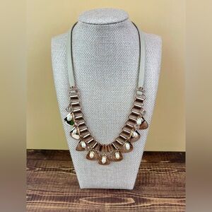 White House Black Market Rose Gold Pearl Drop Leather Statement Necklace
